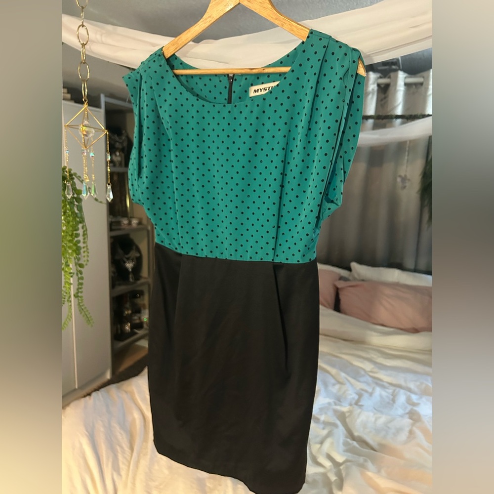 Mystic Teal and Black Midi Dress